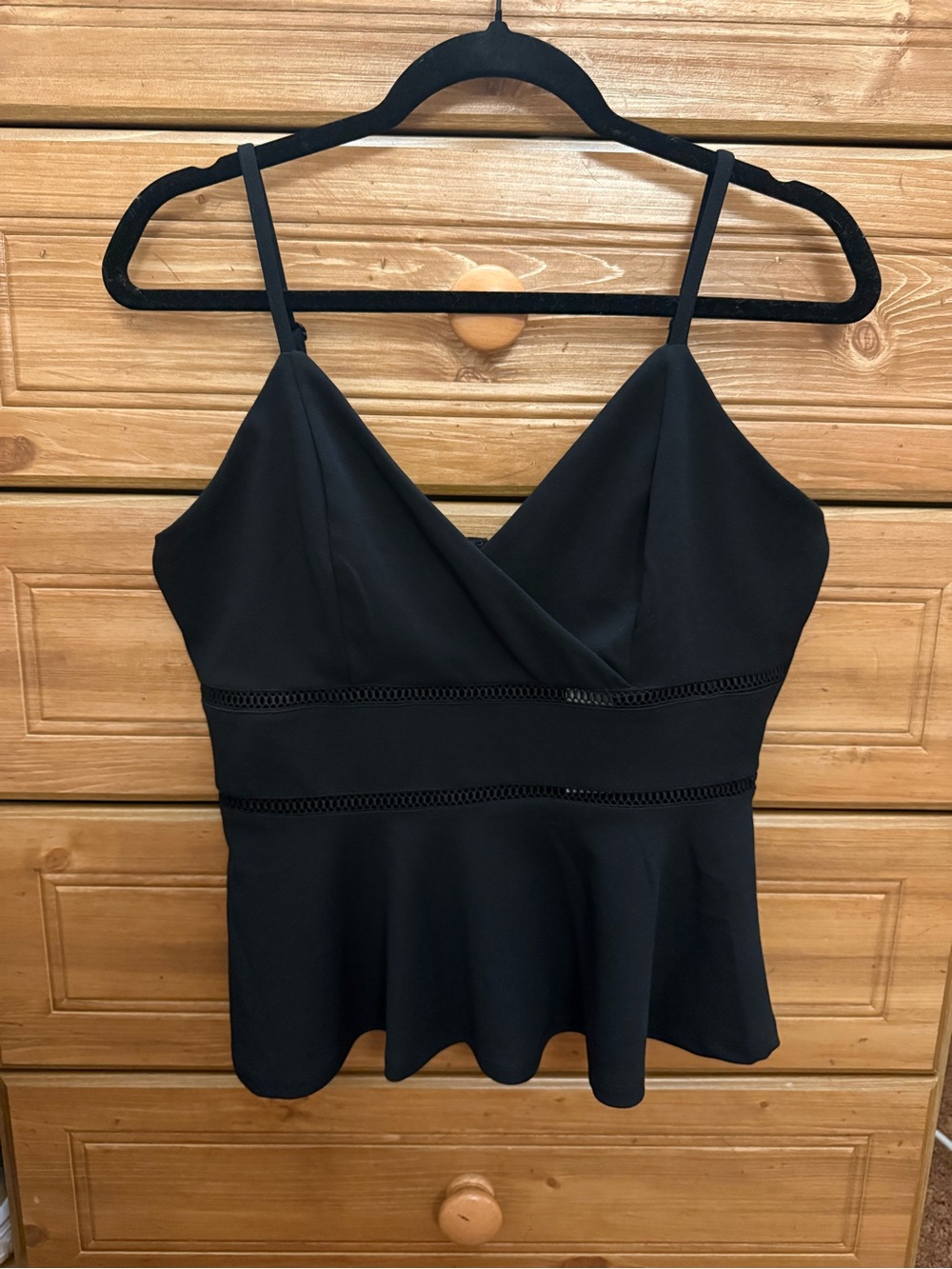 Francesca's Collections Black V-Neck Peplum Cami with Crochet Bands